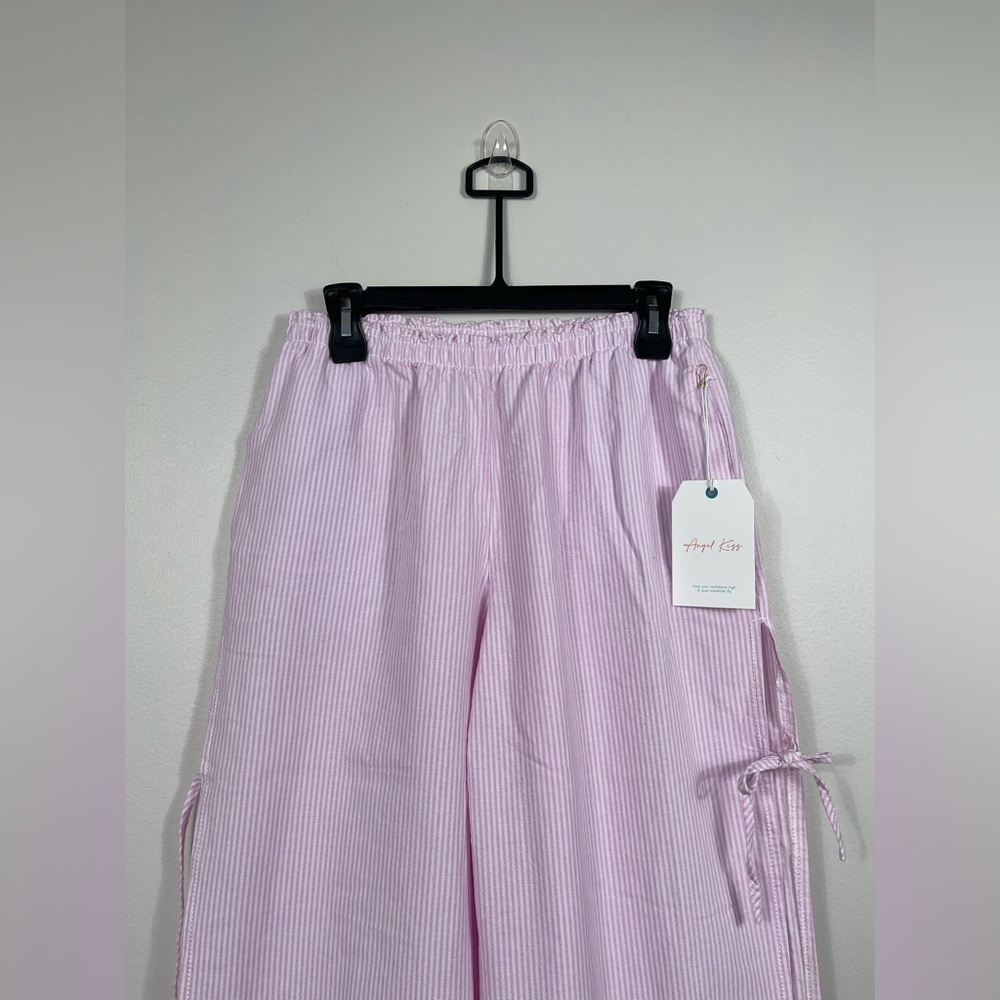 Pink Y2k Gingham Striped Elastic Waist Lace-Up Wide Leg Lounge Pants Plaid NWT - Picture 3 of 11